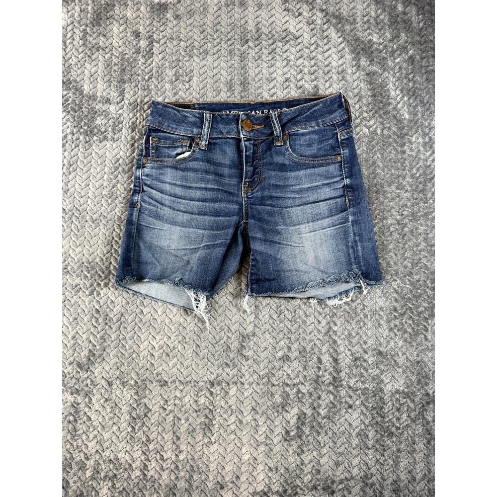 American Eagle Outfitters AEO Denim Cafe Midi Shorts Women 0 Blue Cotton Raw Hem